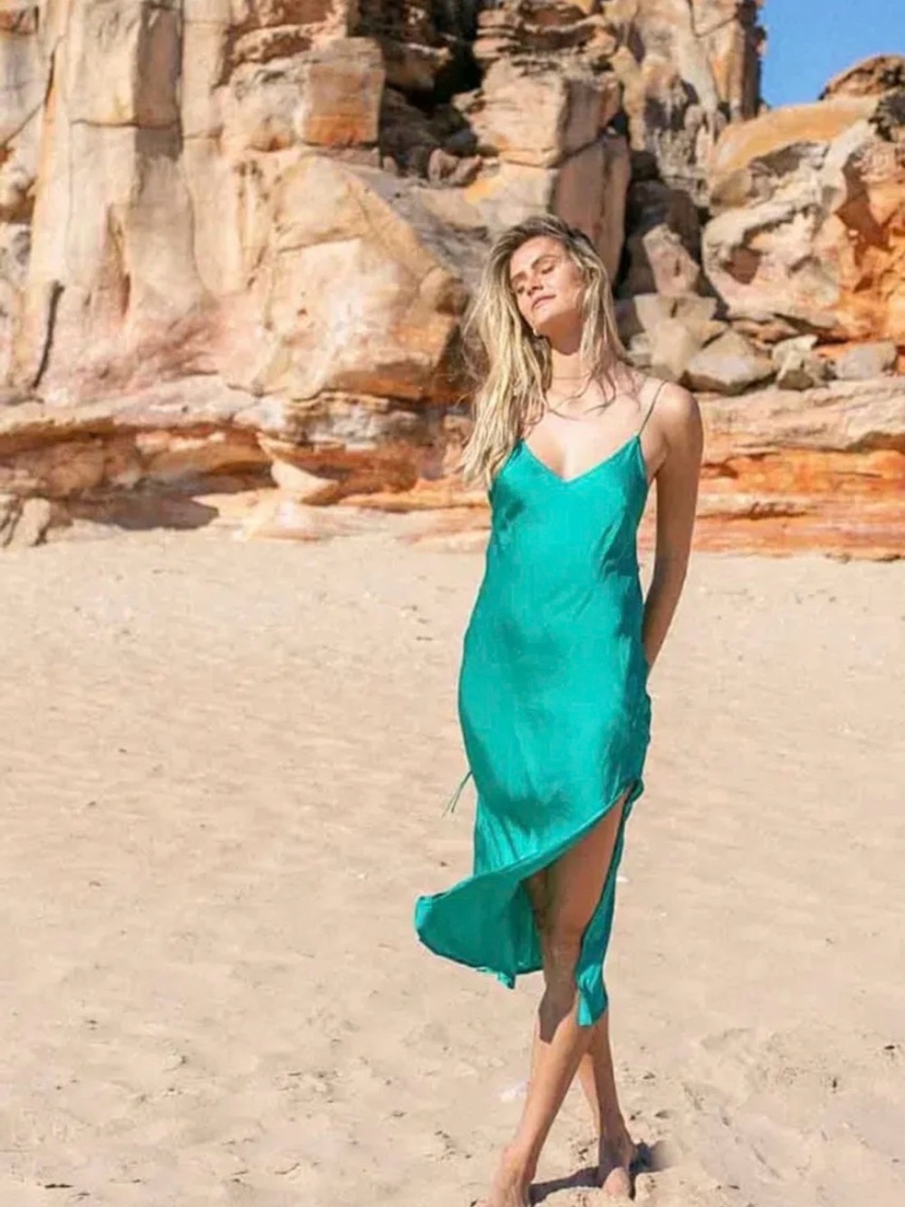 Turquoise Lane Silky Slip Midi Dress Side Slit Backless Adjustable- Columbia